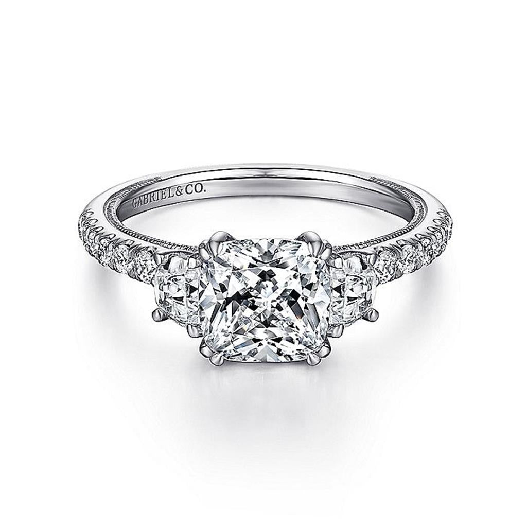 14K White Gold 'Aloise' Cushion Cut Three Stone Diamond Engagement Ring