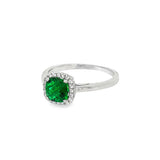 May Birthstone Sterling Silver Checkerboard Cushion Created Emerald Halo Ring