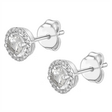 April Birthstone Earrings: 14K White Gold Diamond Halo White Topaz Earrings