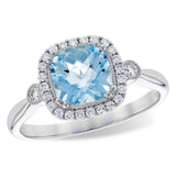 14K White Gold Checkerboard Cushion Aquamarine Halo Ring