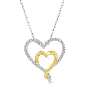 10K White And Yellow Gold Double Heart Diamond Pendant Necklace