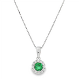 May Birthstone Pendant: Sterling Silver Lab Grown Emerald Halo Pendant Necklace