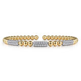 14K Yellow And White Gold Beaded Diamond Cuff Bangle Bracelet