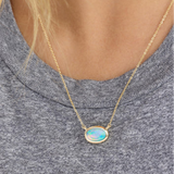 18K Yellow Gold Overlay 'She's A Boss' Blue Simulated Opal Solitaire Necklace