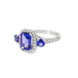 14K White Gold Tanzanites And Diamond Halo Ring