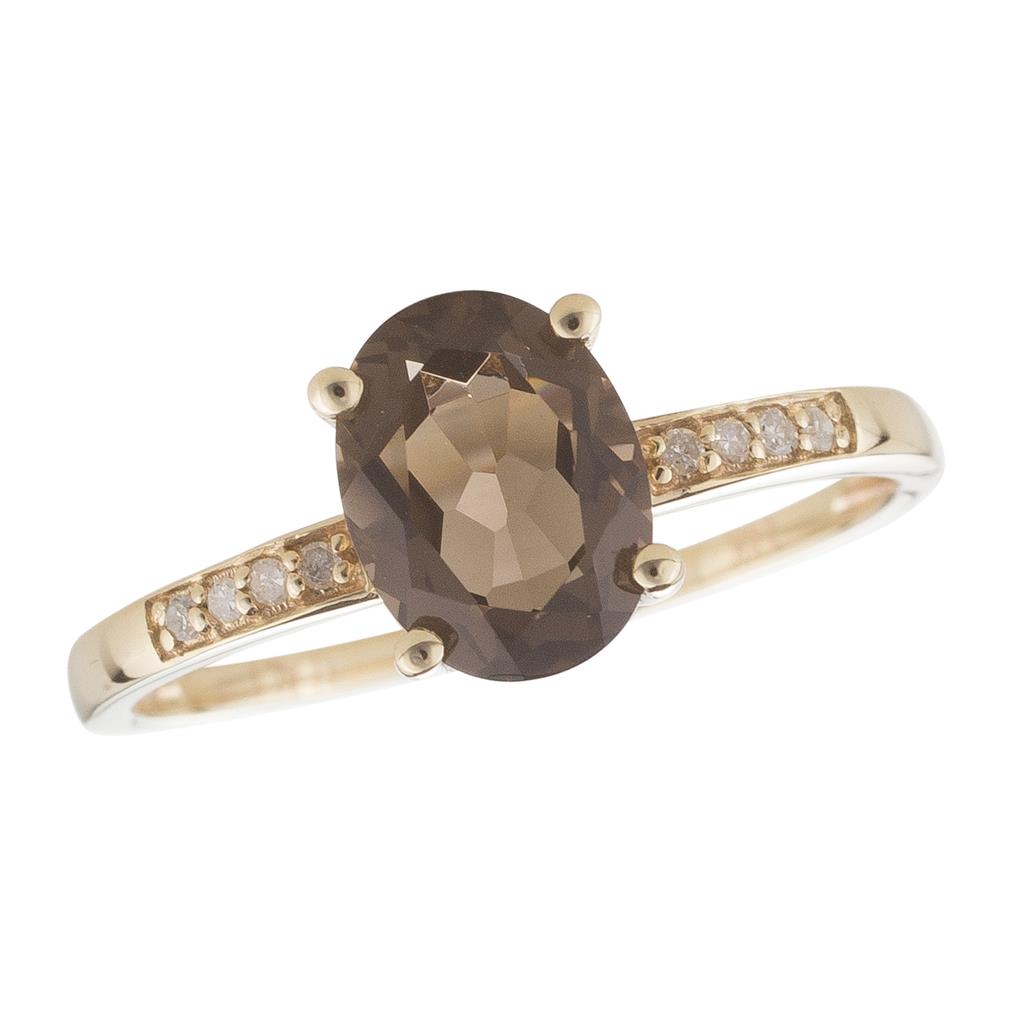 June Birthstone Rings: 14K Yellow Gold Diamond And Smoky Quartz Ring