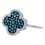 14K White Gold Clover Blue Natural Diamonds Ring