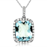 14K White Gold Cushion Aquamarine And Diamond Halo Pendant