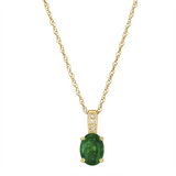 May Birthstone Pendant: 14K Yellow Gold Diamond And Oval Emerald Drop Pendant Necklace