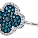 14K White Gold Clover Blue Natural Diamonds Ring