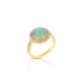 18K Yellow Gold Round Cabochon Opal Halo Ring
