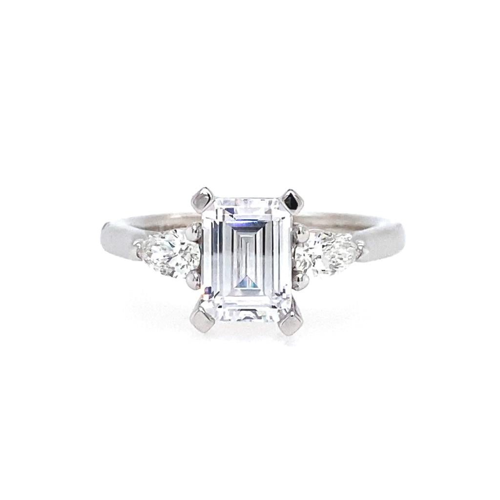 14K White Gold ‘Sunday’ Three Stone Emerald Center Engagement Ring