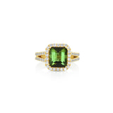 18K Yellow Gold Emerald Cut Green Tourmaline And Diamond Halo Ring
