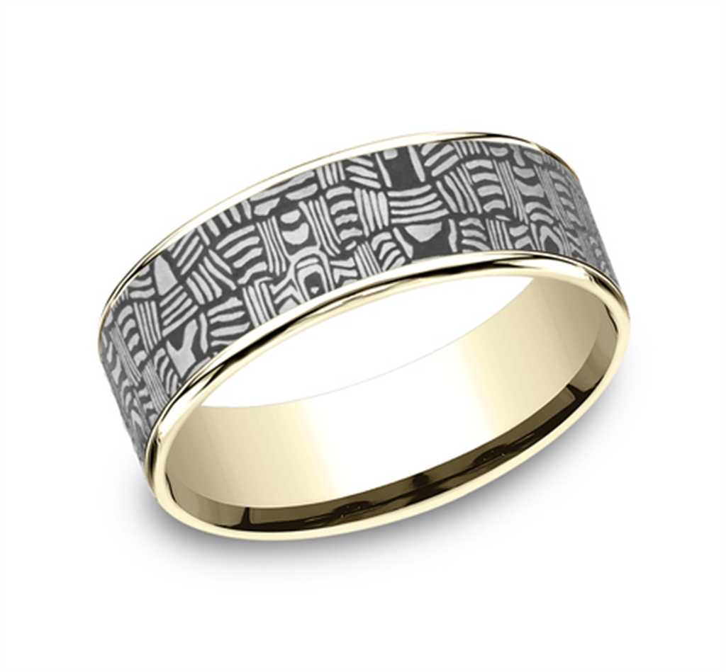 14K Yellow Gold And Darkened Tantalum ‘The Basket Weave’ 7.5mm Comfort Fit Wedding Band