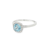 March Birthstone Sterling Silver Checkerboard Cushion Created Aquamarine Halo Ring