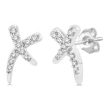 10K White Gold X-Shaped Button Natural Diamonds Earrings