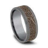 Gray Tantalum And 14K Rose Gold ‘The Kestrel’ Feather Patterned 8mm Wedding Band