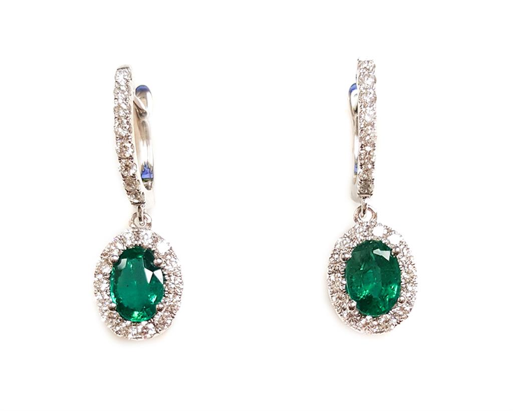 14K White Gold Halo Drop Earrings With Emerald Center - Jewelers Touch