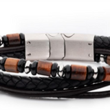 Stainless Steel  Black And Brown Full Grain Cowhide Leather Tiger Eye And Onyx Bracelet