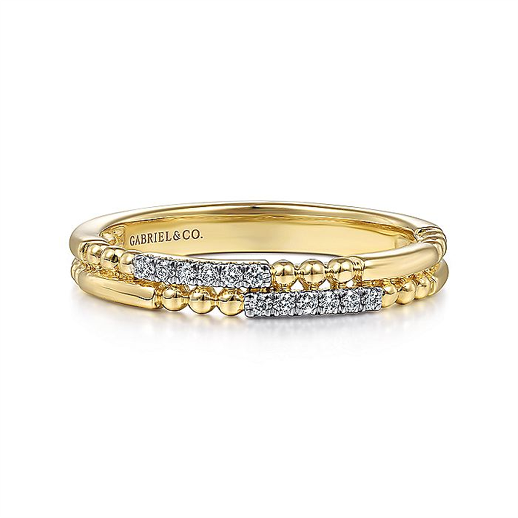 14K Yellow Gold Two Row Beaded Diamond Stackable Ring