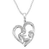 Sterling Silver Heart Shape Mom & Child Diamond Pendant Necklace