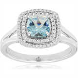 14K White Gold Cushion Aquamarine Halo Ring