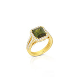 18K Yellow Gold Emerald Cut Green Tourmaline And Diamond Halo Ring