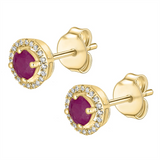 July Birthstone Earrings: 14K Yellow Gold Diamond Halo Stud Ruby Earrings