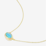 18K Yellow Gold Overlay 'She's A Boss' Blue Simulated Opal Solitaire Necklace