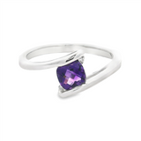 14K White Gold Checkerboard Cushion Amethyst Three Stone Ring