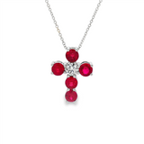 14K White Gold Natural Diamond And Ruby Cross Pendant