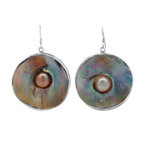 JT ESTATE Sterling Silver Pearls Large Disc Dangle Earrings