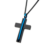 Matte Black IP With Thin Blue Line Pendant Necklace
