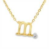 14K Yellow Gold 'M' Initial Diamond Necklace with a .02ct natural diamond