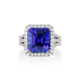 18K White Gold Emerald Cut Tanzanite Halo Ring