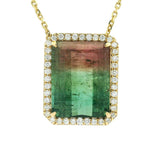 18K Yellow Gold Watermelon Tourmaline Halo Necklace