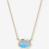 18K Yellow Gold Overlay 'She's A Boss' Blue Simulated Opal Solitaire Necklace