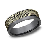 Darkened Tantalum And 14K Yellow Gold ‘The Aspen’ Horizontal Bark Pattern 7mm Wedding Band