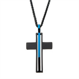 Matte Black IP With Thin Blue Line Pendant Necklace