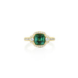18K Yellow And White Gold Green Tourmaline Three Stone Halo Ring