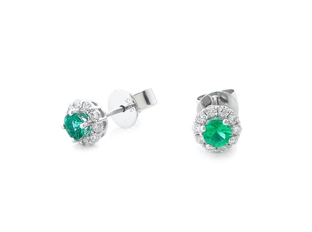 14K White Gold Halo Earrings With Emerald Center - Jewelers Touch