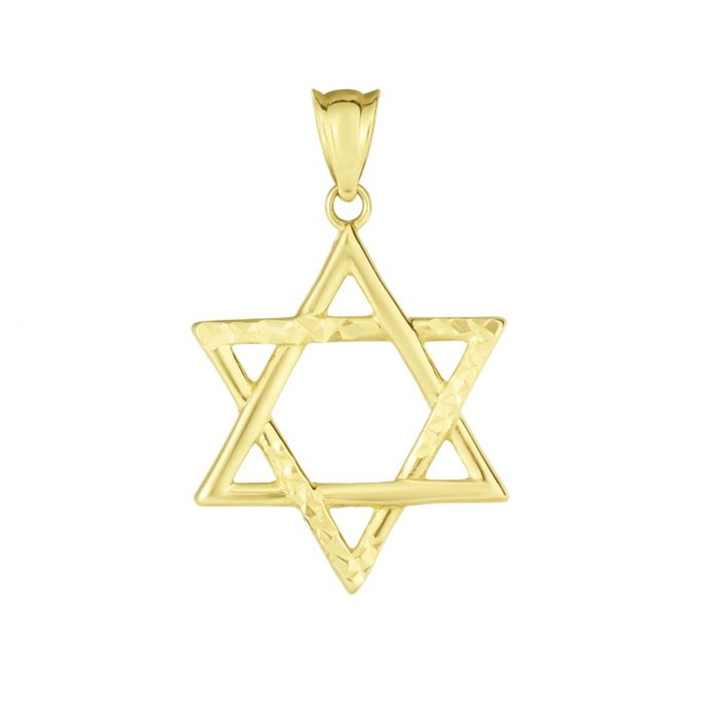 A gold star of david pendant on a white background.