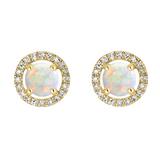 October Birthstone Earrings: 14K Yellow Gold Diamond Halo Opal Earrings