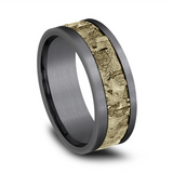 Grey Tantalum And 14K Yellow Gold 8Mm Wall Fracture Center And Grey Satin Edges Wedding Band