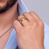 Titanium & Whiskey Barrel Wood Inlay with Embedded Guitar String Comfort Fit Ring