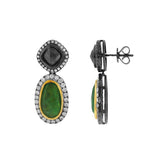 18K Yellow Gold Rose Cut Emerald And Black Diamond Halo Dangle Earrings