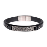 Stainless Steel Black Leather Strapped with Cross Hammered ID Bracelet