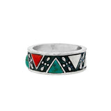 JT ESTATE Sterling Silver Triangular Cabochon Coral And Turquoise Wide Band