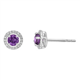 February Birthstone Earrings: 14K White Gold Diamond Halo Amethyst Earrings