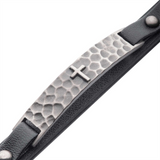 Stainless Steel Black Leather Strapped with Cross Hammered ID Bracelet